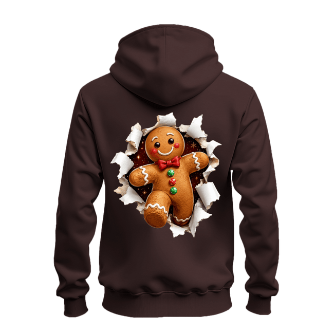 Dark chocolate holiday zip hoodie featuring a large Christmas gingerbread man bursting through the back graphic.