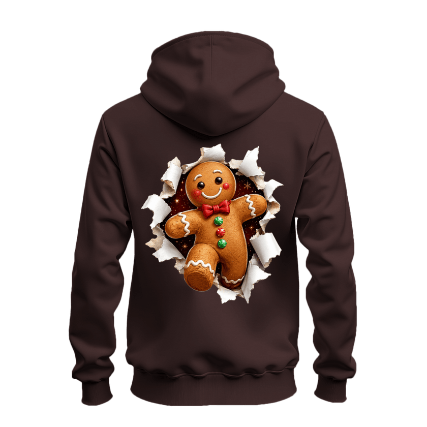 Dark chocolate holiday zip hoodie featuring a large Christmas gingerbread man bursting through the back graphic.