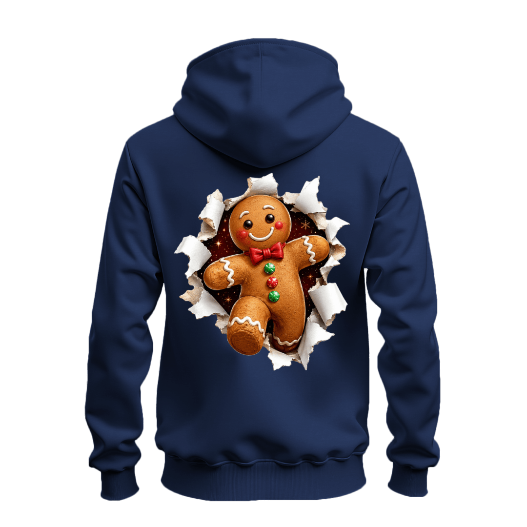 Navy gingerbread Christmas hoodie with bold full back gingerbread man graphic and realistic torn paper effect.