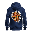 Navy gingerbread Christmas hoodie with bold full back gingerbread man graphic and realistic torn paper effect.