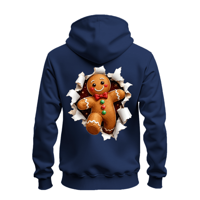 Navy gingerbread Christmas hoodie with bold full back gingerbread man graphic and realistic torn paper effect.