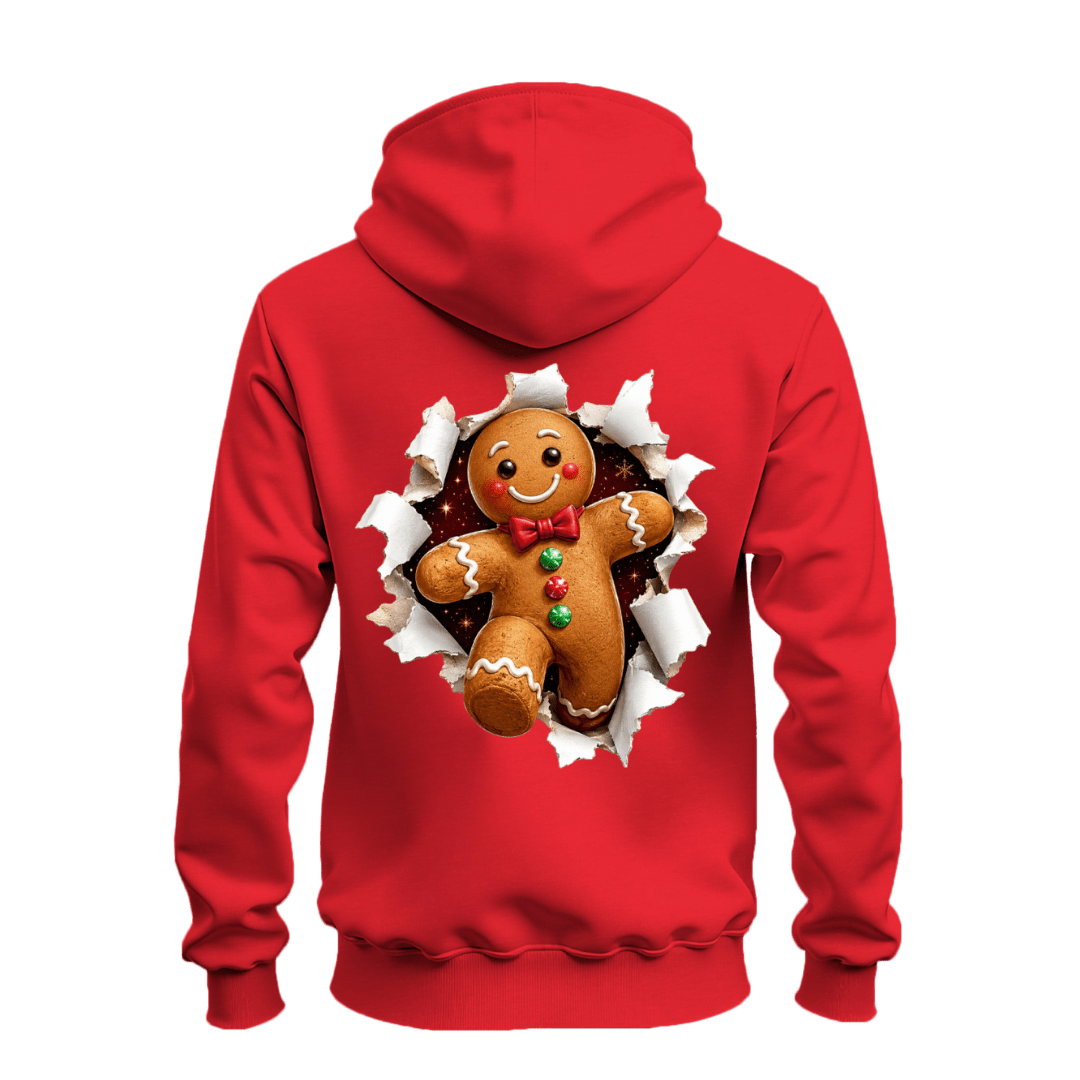 Red festive Christmas hoodie with oversized gingerbread man torn paper illusion graphic across the back.