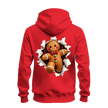Red festive Christmas hoodie with oversized gingerbread man torn paper illusion graphic across the back.