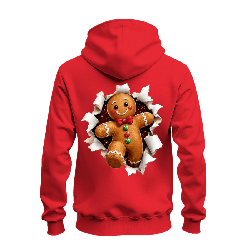 Red festive Christmas hoodie with oversized gingerbread man torn paper illusion graphic across the back.