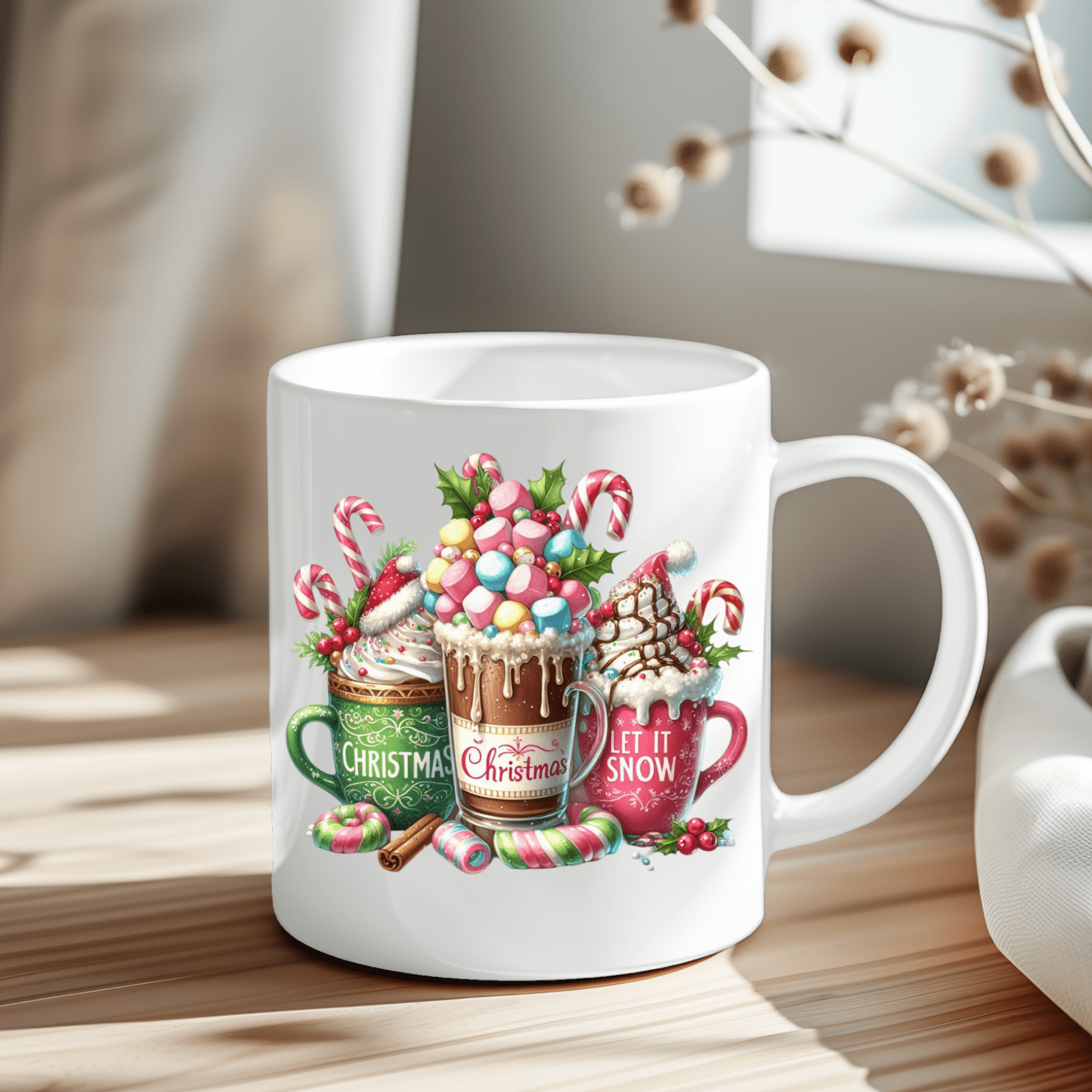 Winter Christmas mug with whipped cream, holly berries and sweet treats