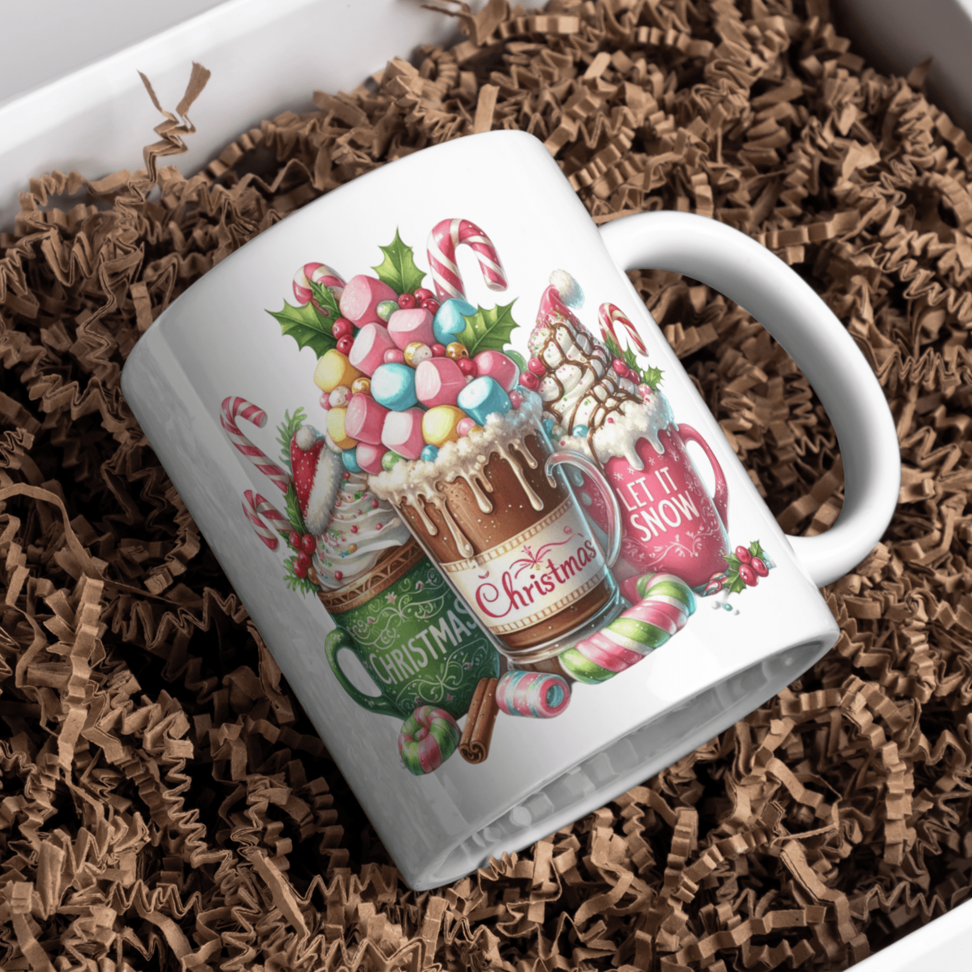 Christmas hot cocoa mug with candy canes and marshmallows design