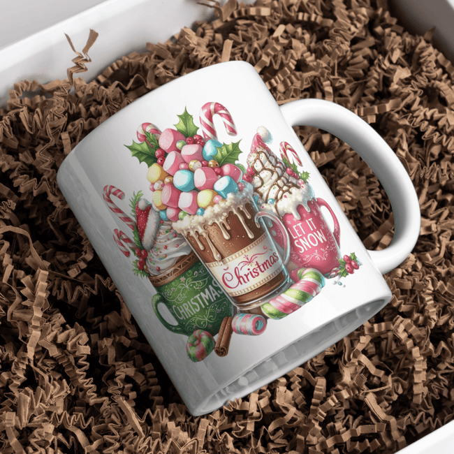 Christmas hot cocoa mug with candy canes and marshmallows design