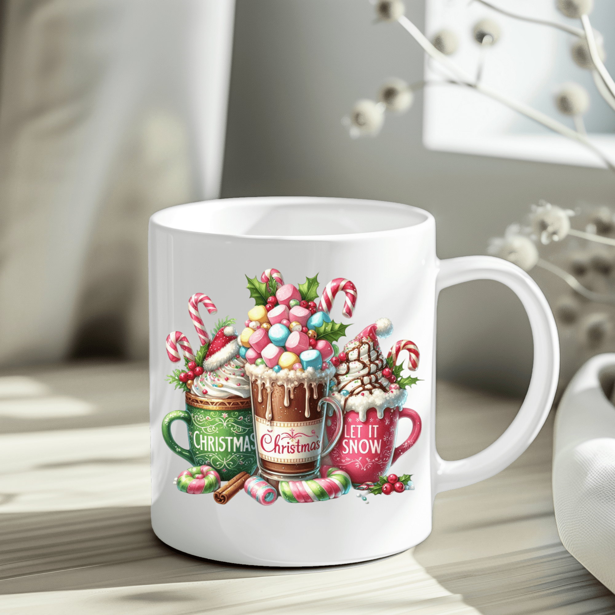 Festive holiday coffee cup featuring three decorated cocoa mugs