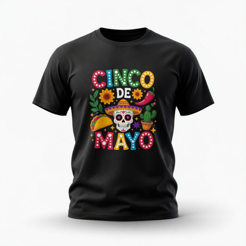 black cinco de mayo t-shirt with colorful skull taco cactus and chili pepper design