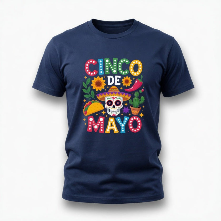 blue cinco de mayo shirt with bold fiesta design skull cactus and chili pepper