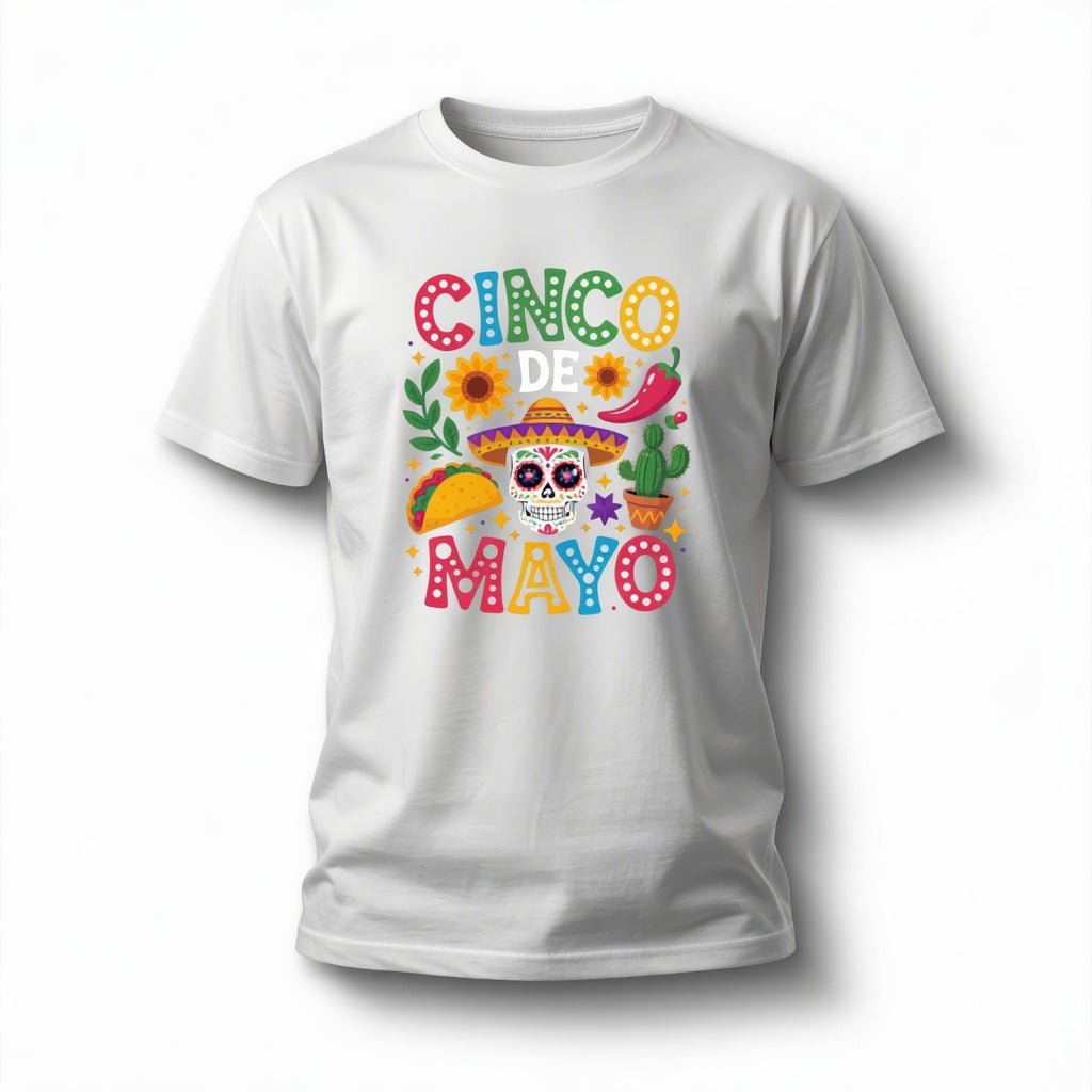white cinco de mayo shirt with vibrant fiesta graphic skull taco and flowers