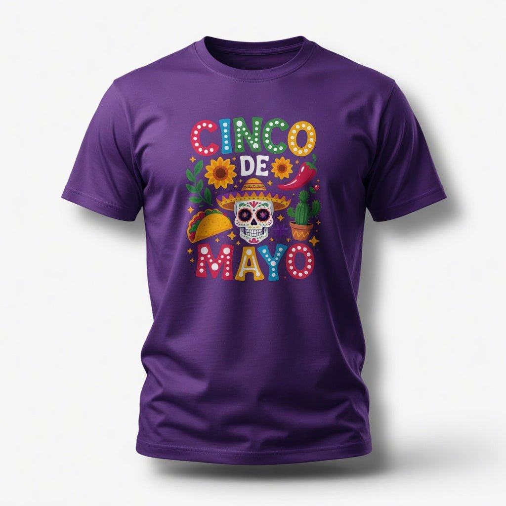 purple cinco de mayo t-shirt with bright colorful mexican fiesta graphic