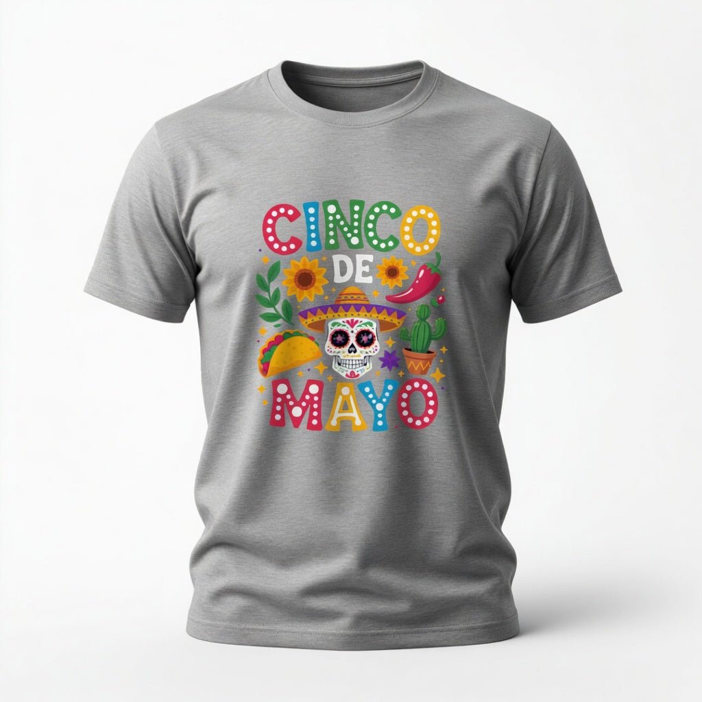 grey cinco de mayo t-shirt with festive colorful skull and taco illustration