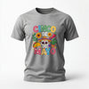 grey cinco de mayo t-shirt with festive colorful skull and taco illustration