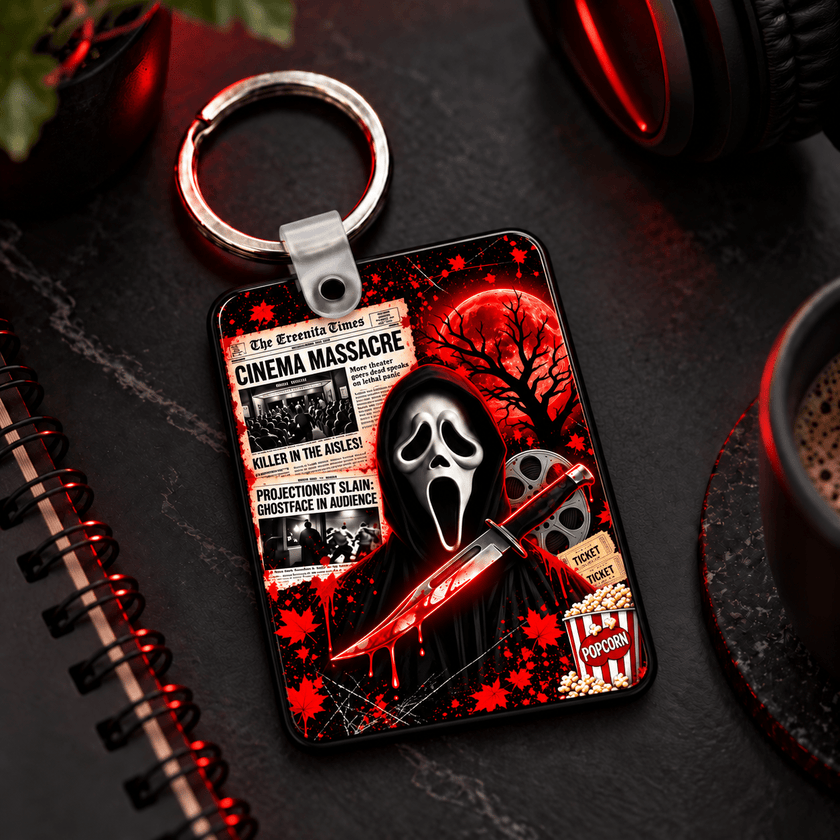 Cinema Massacre Horror Keychain | Red and Black Slasher Movie Inspired Key Ring