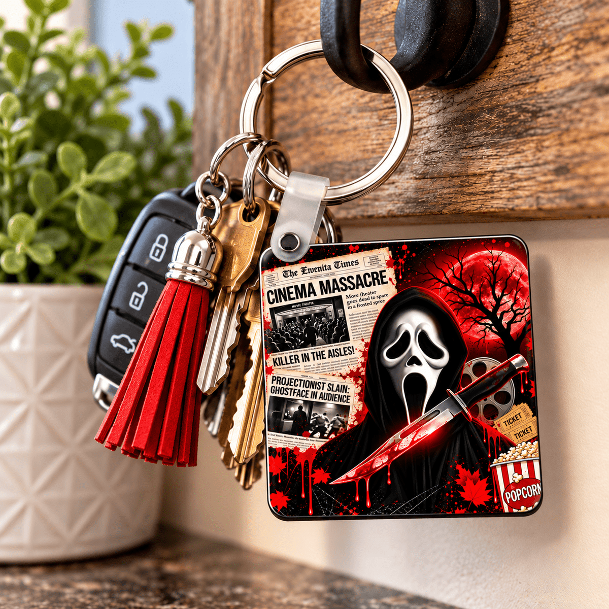 Rectangular horror movie inspired keychain with masked figure, bloody knife, film reel, tickets and popcorn in red and black.