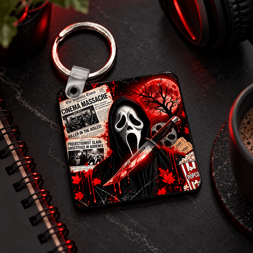 Cinema themed Halloween keychain hanging with keys, featuring dramatic red moon, masked horror character and slasher artwork.
