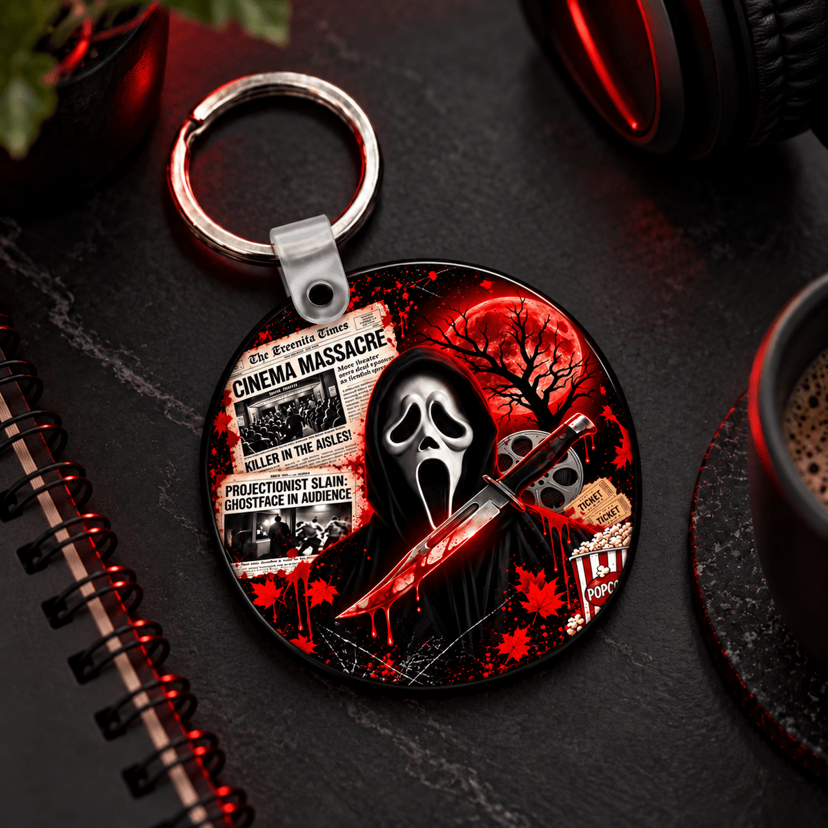 Cinema Massacre Horror Keychain | Red and Black Slasher Movie Inspired Key Ring