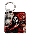 Red and black horror keychain featuring a masked slasher figure, glowing red moon, cinema newspaper and movie themed details.