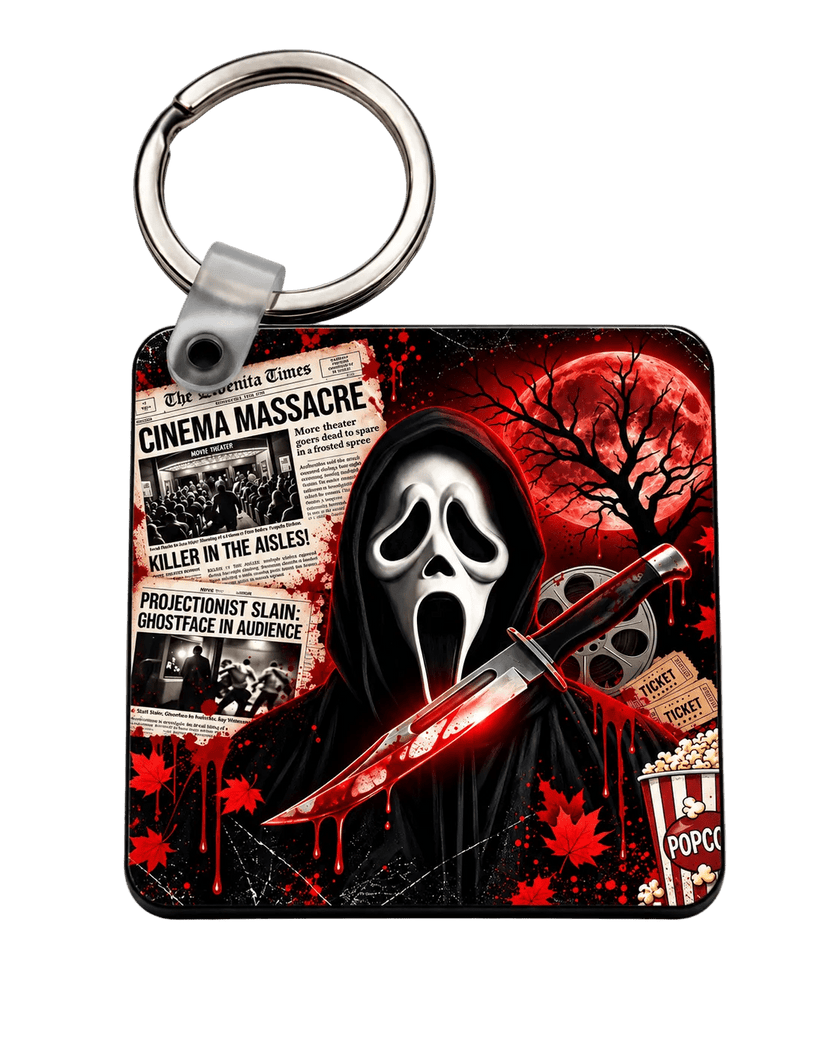 Red and black horror keychain featuring a masked slasher figure, glowing red moon, cinema newspaper and movie themed details.