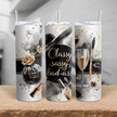A chic black, white, and gold tumbler with perfume bottle, champagne glass, makeup items, and elegant script.