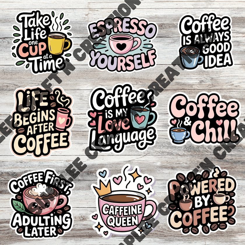 A collection of cute coffee-themed vinyl stickers featuring phrases like “Caffeine Queen,” and “Coffee First Adulting Later”