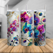 colorful orchid floral tumbler with marble background 20oz skinny stainless steel cup with lid and straw vibrant flower design