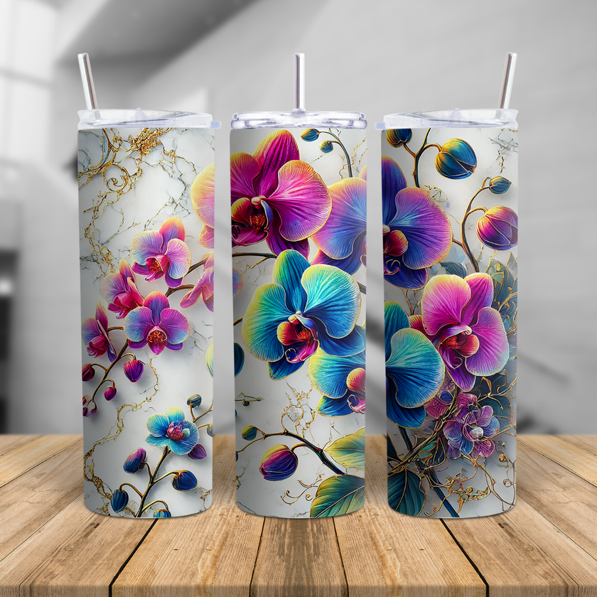colorful orchid floral tumbler with marble background 20oz skinny stainless steel cup with lid and straw vibrant flower design