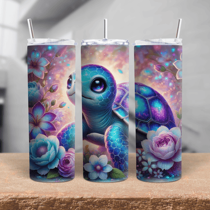 One stainless steel tumbler featuring baby sea turtles with galaxy shells and floral designs