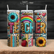 Colorful teacher tumbler with rainbow, sunflower, leopard print and school icons on a 20oz insulated stainless steel cup.