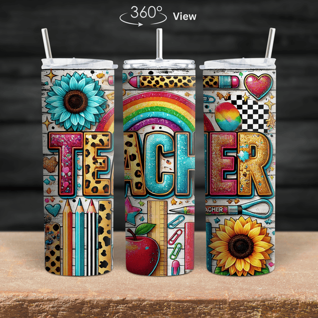 Colorful teacher tumbler with rainbow, sunflower, leopard print and school icons on a 20oz insulated stainless steel cup.
