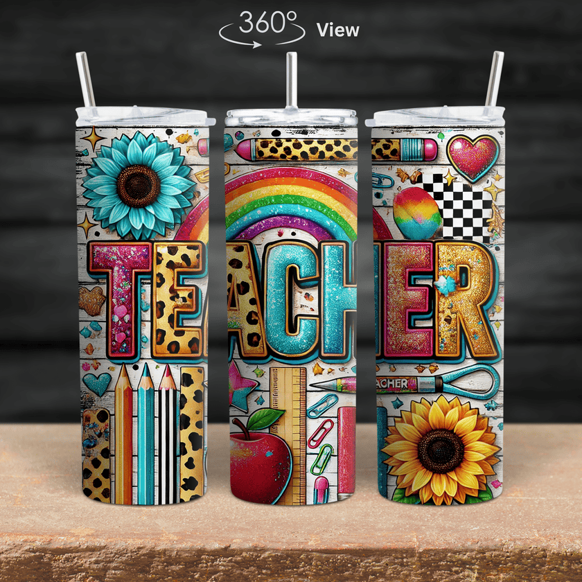 Colorful teacher tumbler with rainbow, sunflower, leopard print and school icons on a 20oz insulated stainless steel cup.