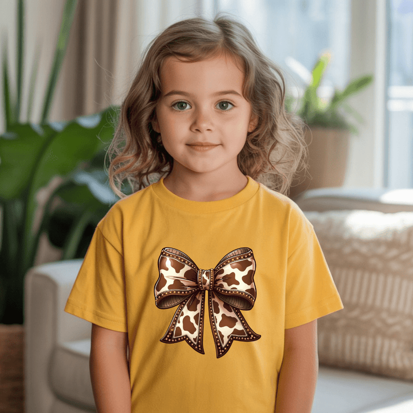 Young girl wearing yellow youth T shirt featuring a large cow print bow graphic with boutique western fashion style.