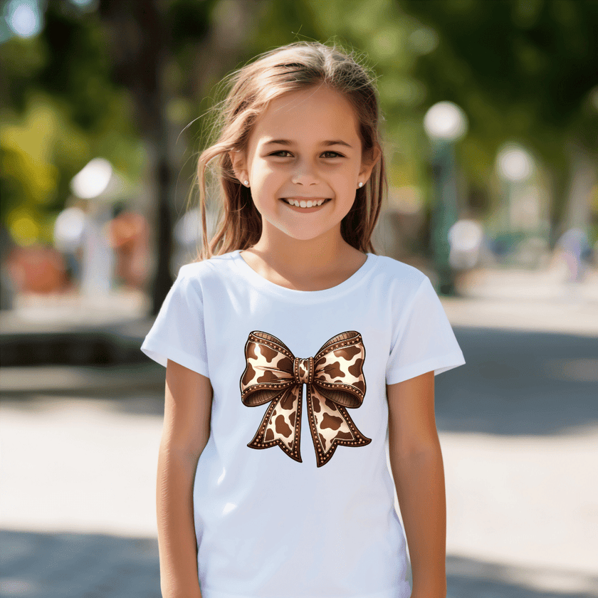 Stylish girls boutique graphic shirt with detailed cow print bow design paired with casual youth fashion apparel.