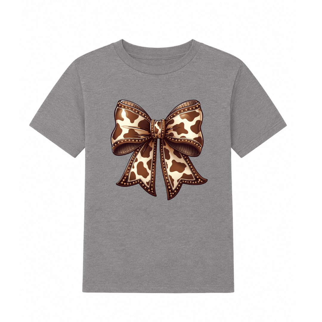 Grey youth T shirt displaying western inspired cow print bow artwork ideal for country fashion loving girls.