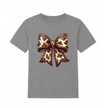 Grey youth T shirt displaying western inspired cow print bow artwork ideal for country fashion loving girls.