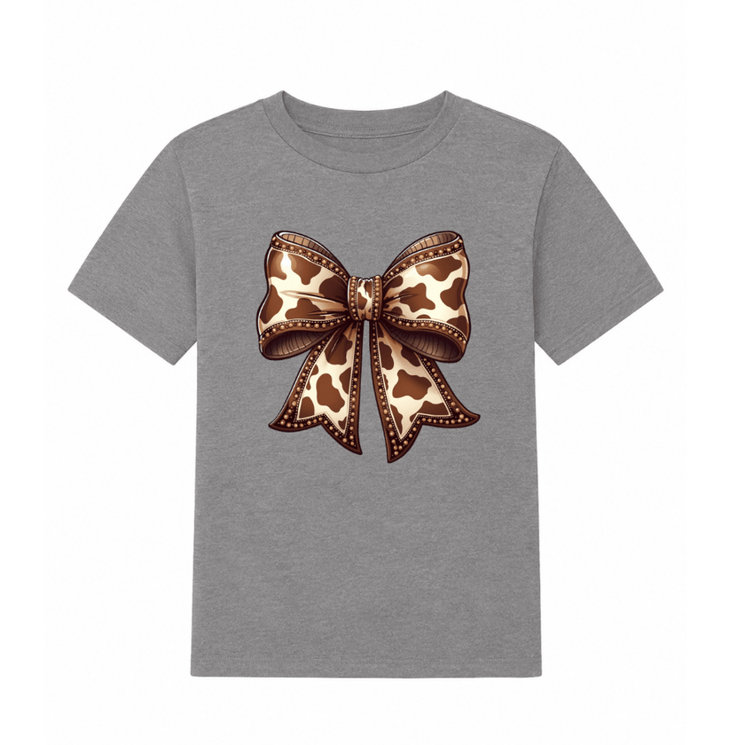 Grey youth T shirt displaying western inspired cow print bow artwork ideal for country fashion loving girls.