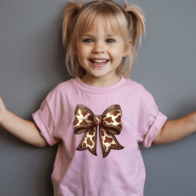 Pink girls graphic tee with large cow print bow centerpiece creating a cute fashionable boutique clothing look.
