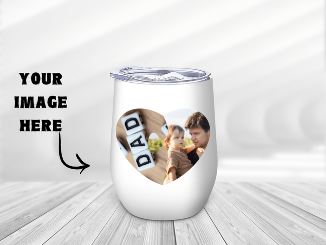 White custom 12oz wine tumbler with personalized artwork, business logo or family picture printed in vibrant permanent sublimation colors.
