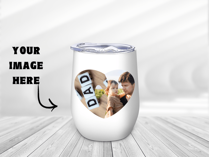 White custom 12oz wine tumbler with personalized artwork, business logo or family picture printed in vibrant permanent sublimation colors.