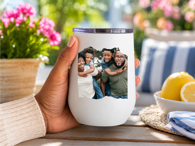 Custom white 12oz insulated wine tumbler personalized with a family photo using premium sublimation printing for unique gifts and everyday use.