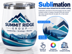 Custom 12oz stainless steel wine tumbler with smooth sublimation printing, company logo and professional mountain design.