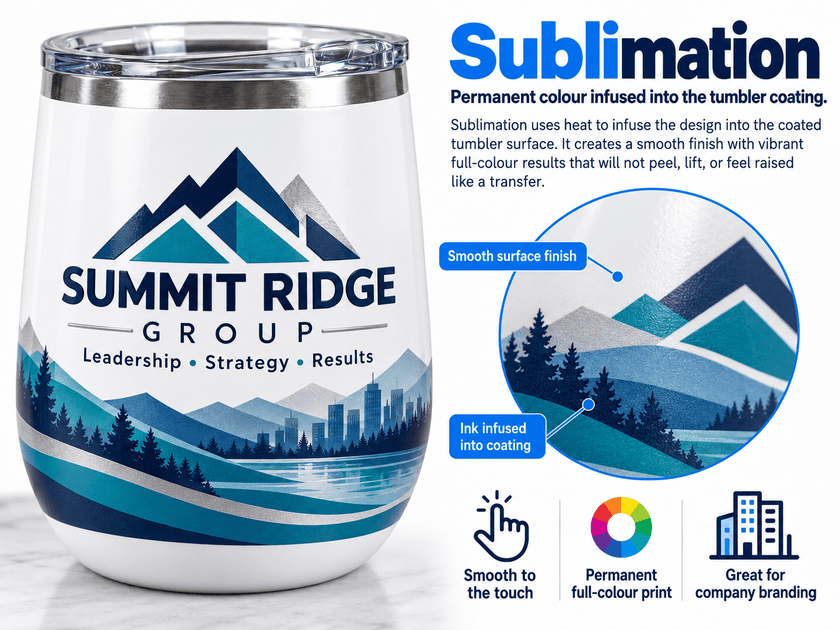 Custom 12oz stainless steel wine tumbler with smooth sublimation printing, company logo and professional mountain design.