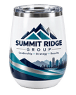 White 12oz insulated wine tumbler featuring a Summit Ridge Group logo and navy, teal and silver corporate branding.