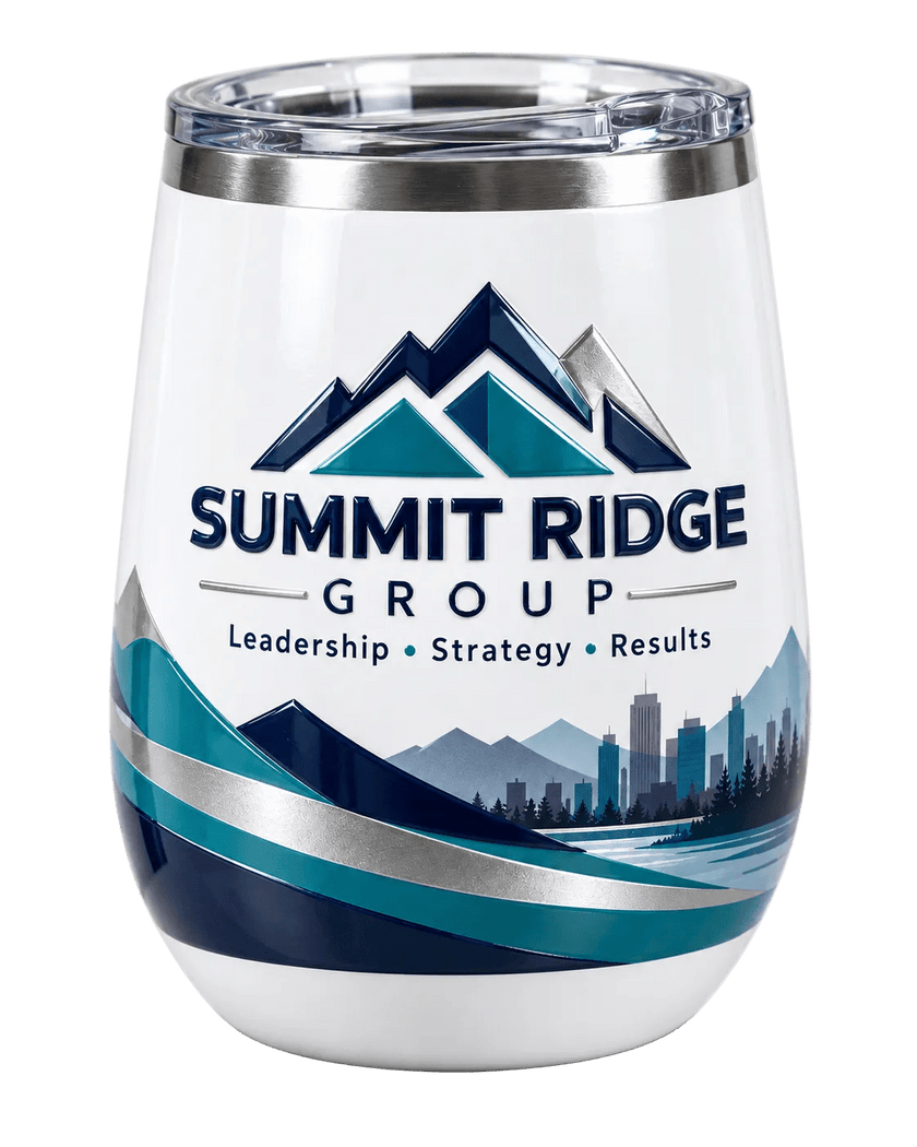 White 12oz insulated wine tumbler featuring a Summit Ridge Group logo and navy, teal and silver corporate branding.