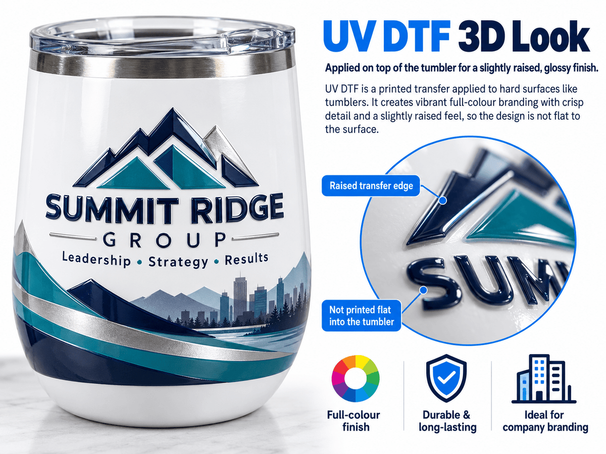 White corporate wine tumbler with a raised, glossy UV DTF business logo and close-up showing the dimensional transfer finish.