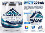 White corporate wine tumbler with a raised, glossy UV DTF business logo and close-up showing the dimensional transfer finish.