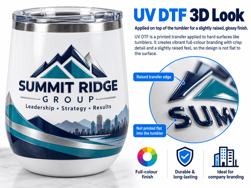 White corporate wine tumbler with a raised, glossy UV DTF business logo and close-up showing the dimensional transfer finish.