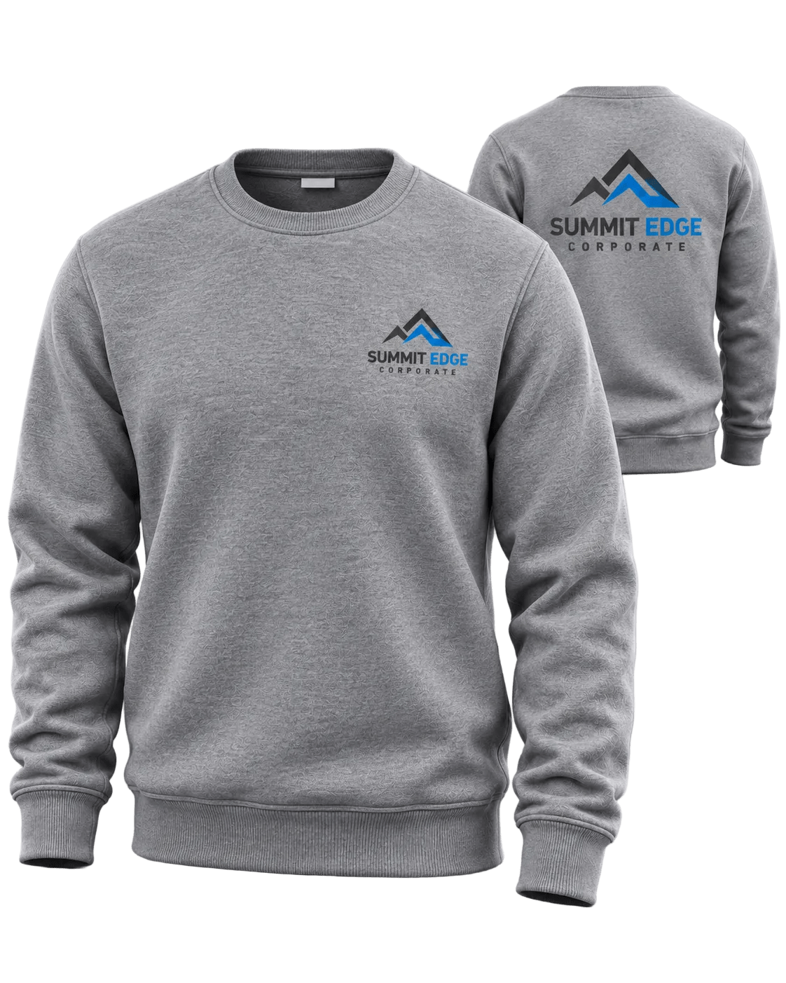 Grey crewneck sweat shirt with corporate design on the front chest and back. 