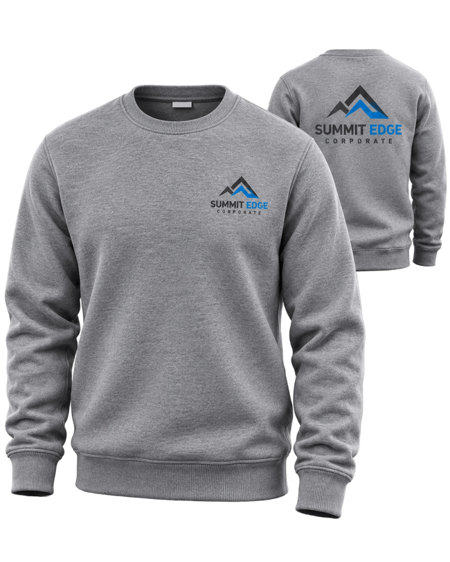 Grey crewneck sweat shirt with corporate design on the front chest and back. 